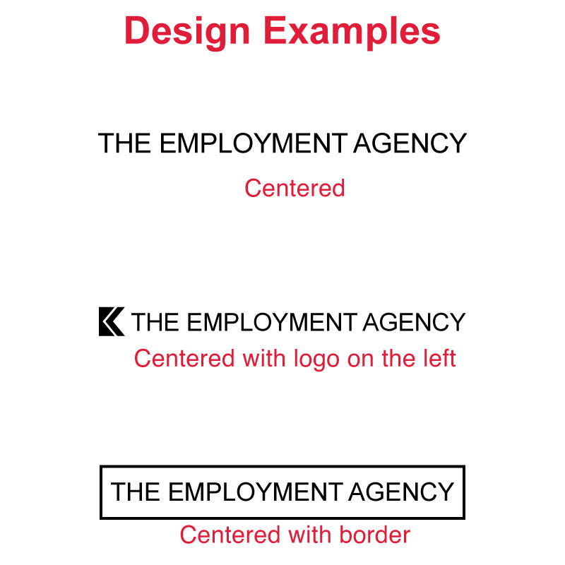 Design examples for the Trodat TR-4916 self-inking stamp, showing centered text layout, centered text with logo on the left, and centered text with border.