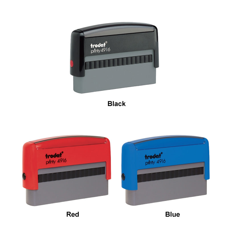 Three Trodat 4916 self-inking stamps in black, red, and blue.