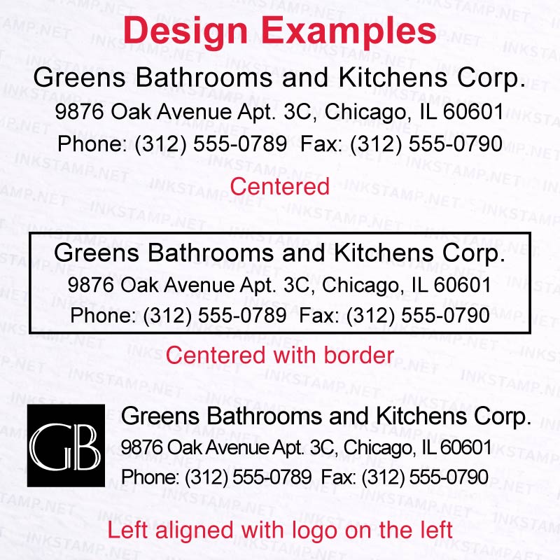 Trodat TR-4918 self-inking stamp design examples including logo layout and wide horizontal text