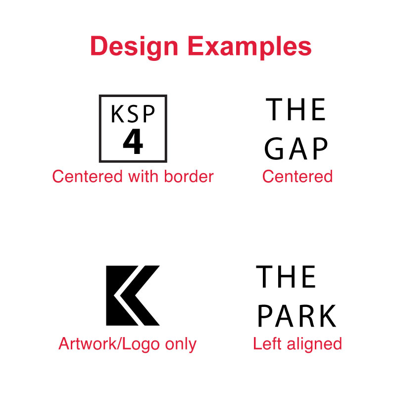 Design examples for the Trodat TR-4921 self-inking stamp, showing centered text with border, centered text layout, artwork/logo-only design, and left-aligned text layout.