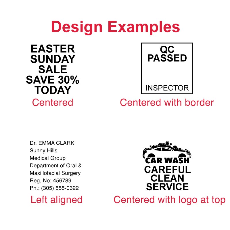 Design examples for the Trodat TR-4924 self-inking stamp, showing centered text layout, centered text with border, left-aligned multi-line text, and centered design with logo at the top.