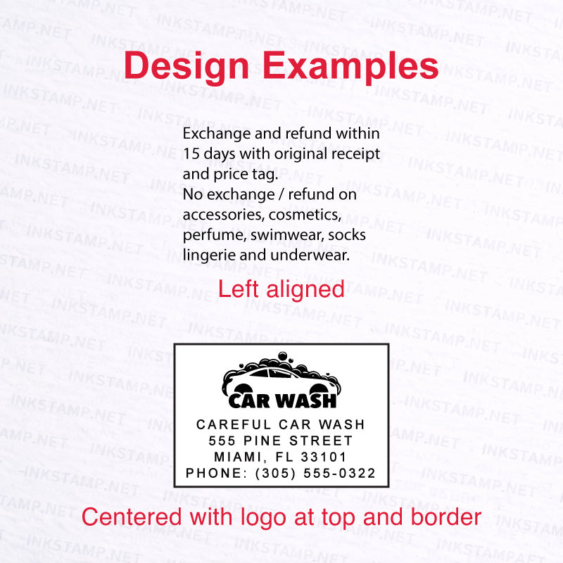 Trodat TR-4927 self-inking stamp design examples including logo and balanced layout