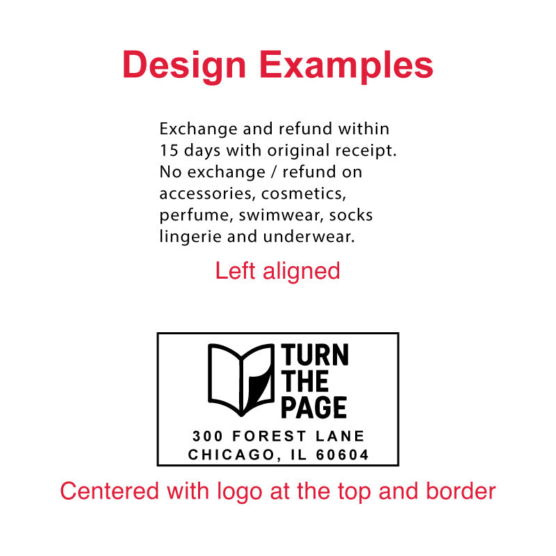 Design examples for the Trodat TR-4928 self-inking stamp, showing left-aligned multi-line text and centered text with logo at the top and border.
