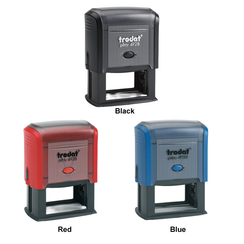 Three Trodat 4928 stamps in black, red, and blue