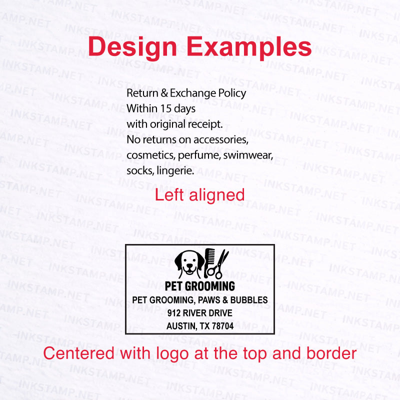 Trodat TR-4929 self-inking stamp design examples including logo and address layout