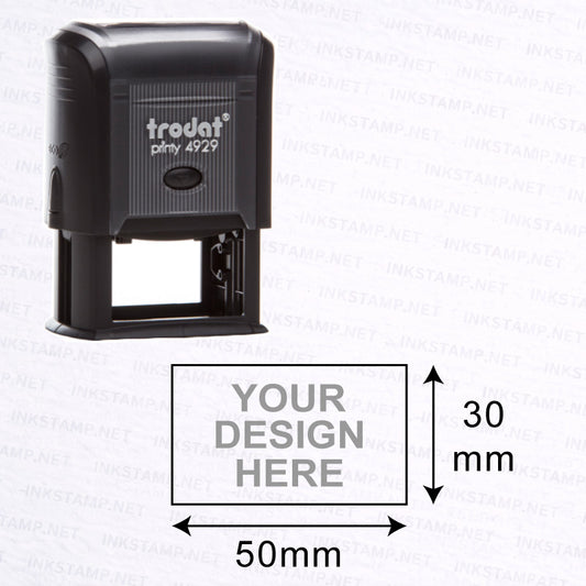 Trodat TR-4929 stamp with 50mm x 30mm impression size diagram for balanced rectangular design