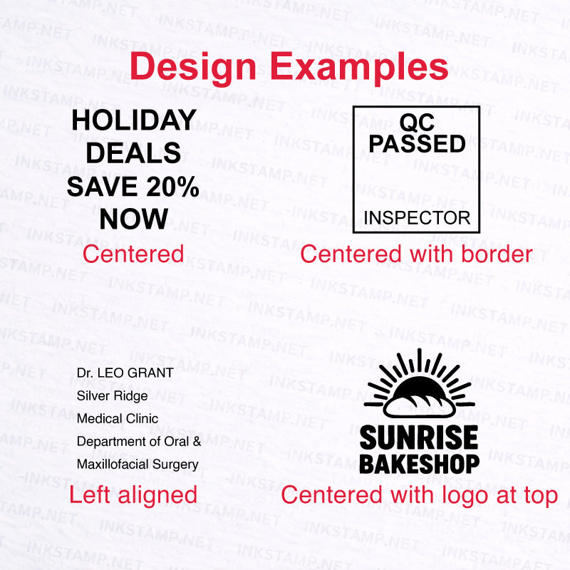Trodat TR-4933 self-inking stamp design examples including logo and square layout