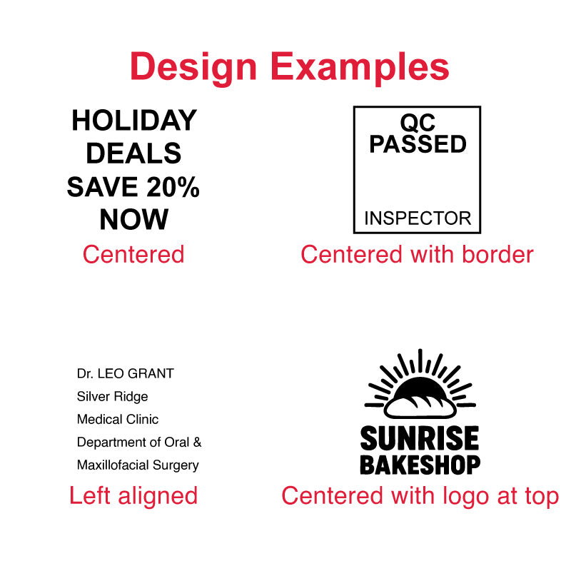 Design examples for the Trodat TR-4933 self-inking stamp, showing centered text layout, centered text with border, left-aligned multi-line text, and centered design with logo at the top.