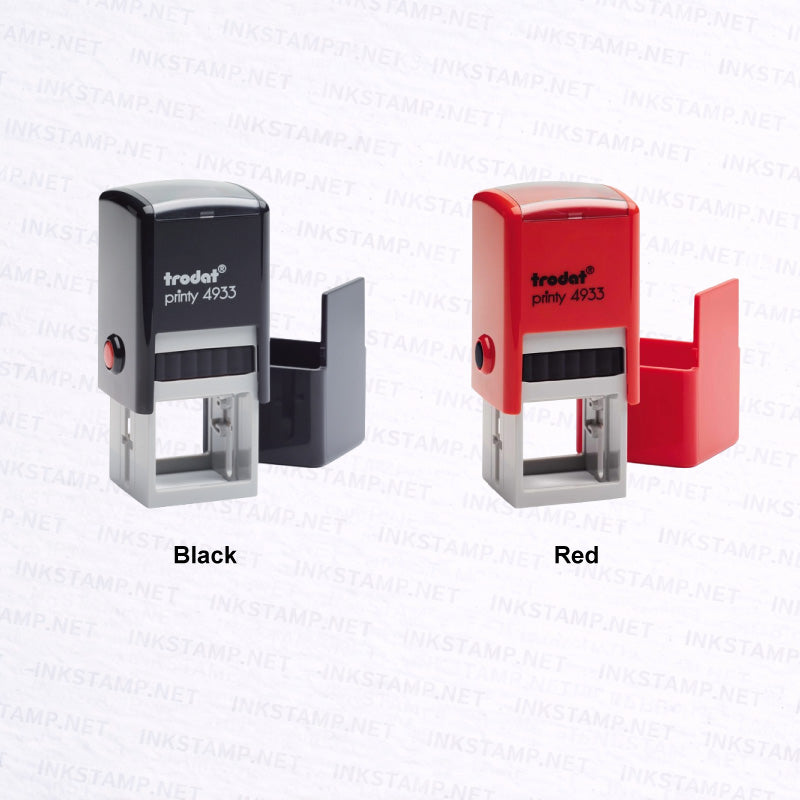 Trodat TR-4933 self-inking stamp available in black and red casing colors