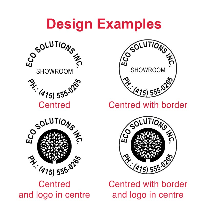 Design examples for Trodat Pocket Stamp TR-9330 showing versatile custom text and logo stamping options within a perfectly round 30mm impression, ideal for creating professional circular marks.