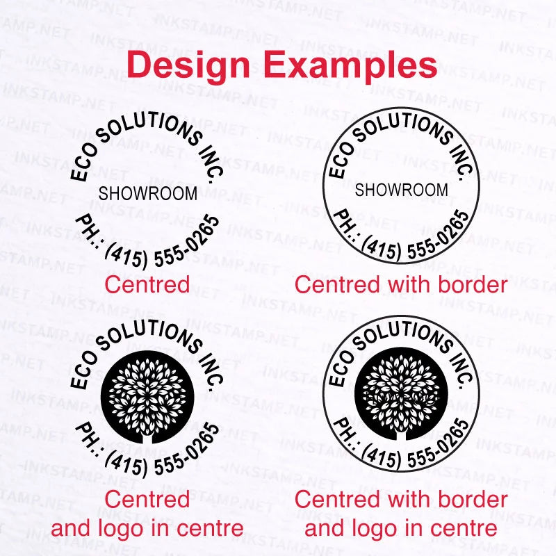 Design examples for Trodat Pocket Stamp TR-9330 showing versatile custom text and logo stamping options within a perfectly round 30mm impression, ideal for creating professional circular marks.