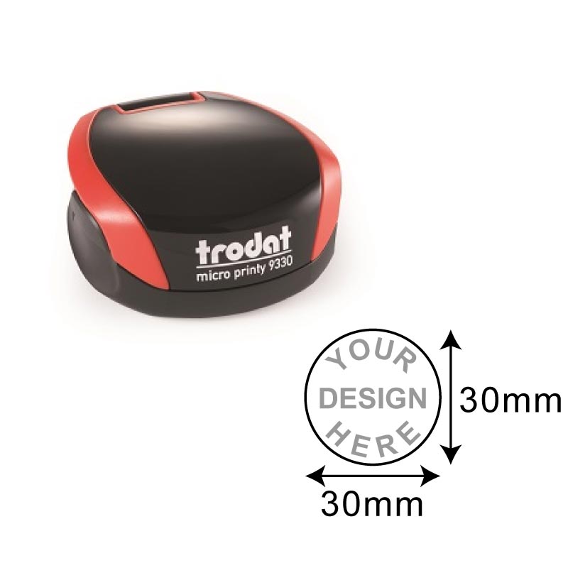 Trodat Pocket Stamp TR-9330, a portable round self-inking stamp in black and red, with a customizable 30mm diameter impression area for on-the-go stamping.