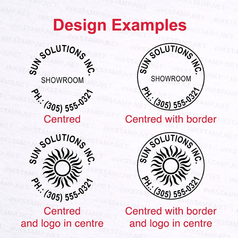 Design examples for Trodat Pocket Stamp TR-9342, featuring large round impressions with customizable text and logos, demonstrating the stamp's capacity for creating prominent and elegant seals.