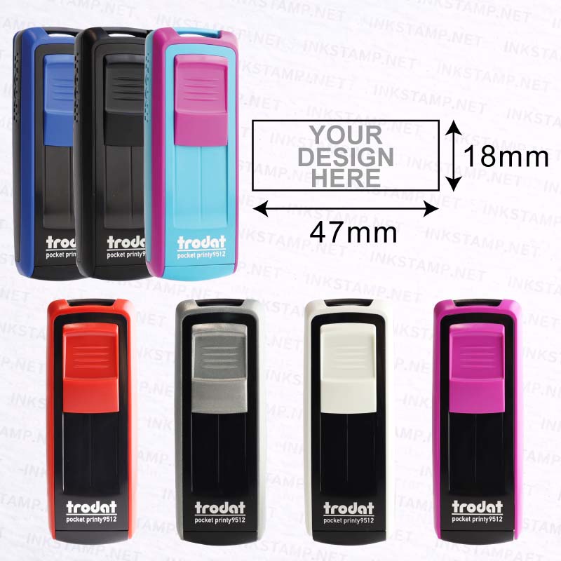 Trodat pocket stamp 9512 set shown in multiple color options, including blue, black, light blue, pink, red, silver, white, and magenta. The image includes dimension labels indicating 47mm length and 18mm height, with one example stamp featuring a custom design area.