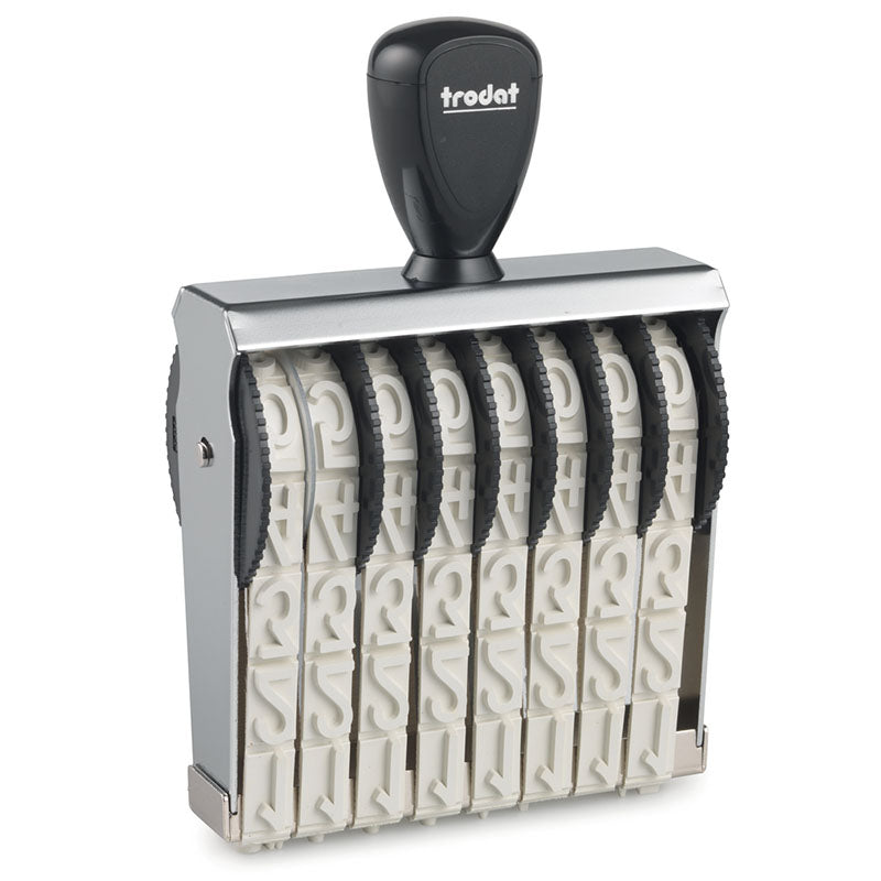 Black Trodat TR-15188 heavy-duty number stamp with eight rotating number bands and a sturdy handle, designed for repetitive stamping in busy office environments.