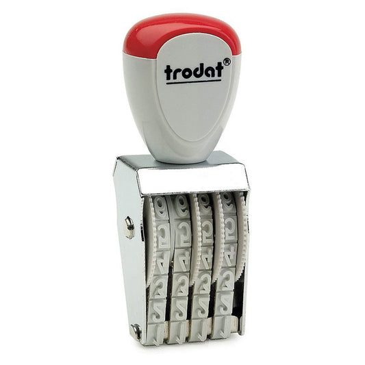 Compact and efficient Trodat TR-1534 number stamp with a red ergonomic handle, equipped with 4 customizable bands for 3mm numerals, perfect for office paperwork.