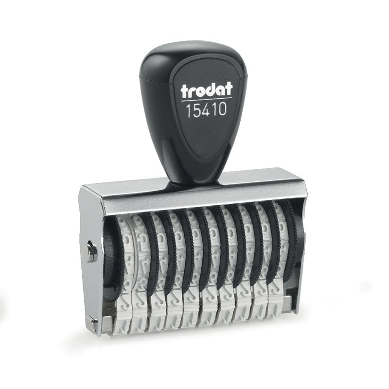 Trodat TR-15410 number stamp with a classic black handle, equipped with 10 adjustable bands and 4mm character height for extensive and clear numeric labeling.