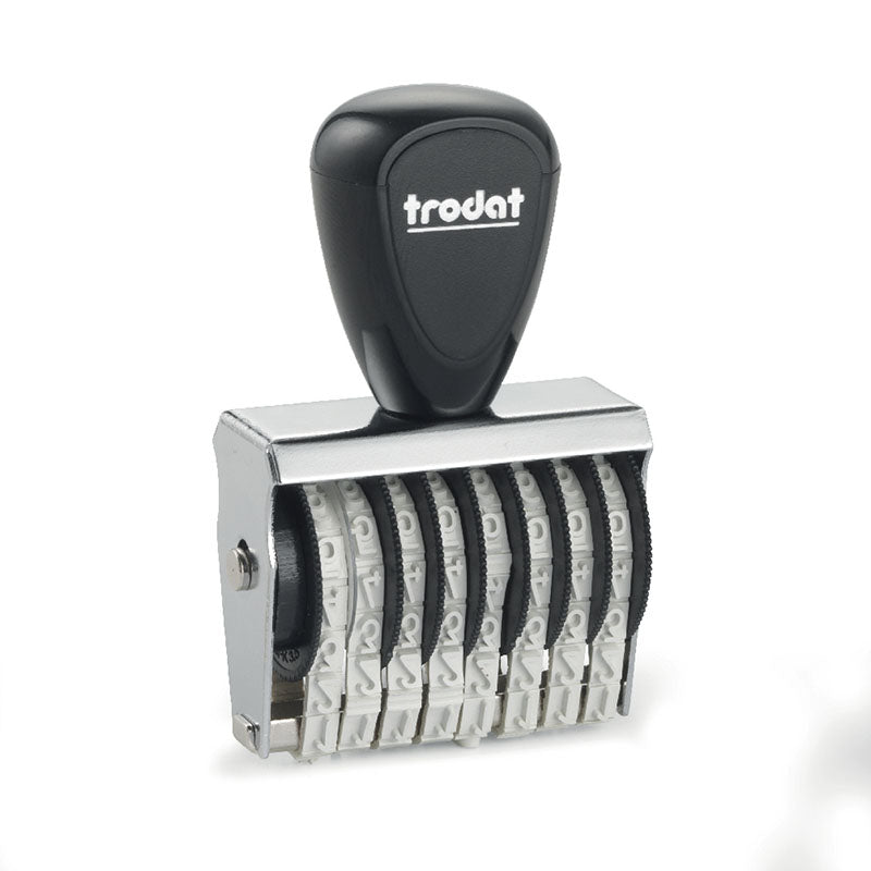 Professional black Trodat TR-1548 number stamp with an ergonomic grip and adjustable wheels, ideal for repetitive stamping tasks.