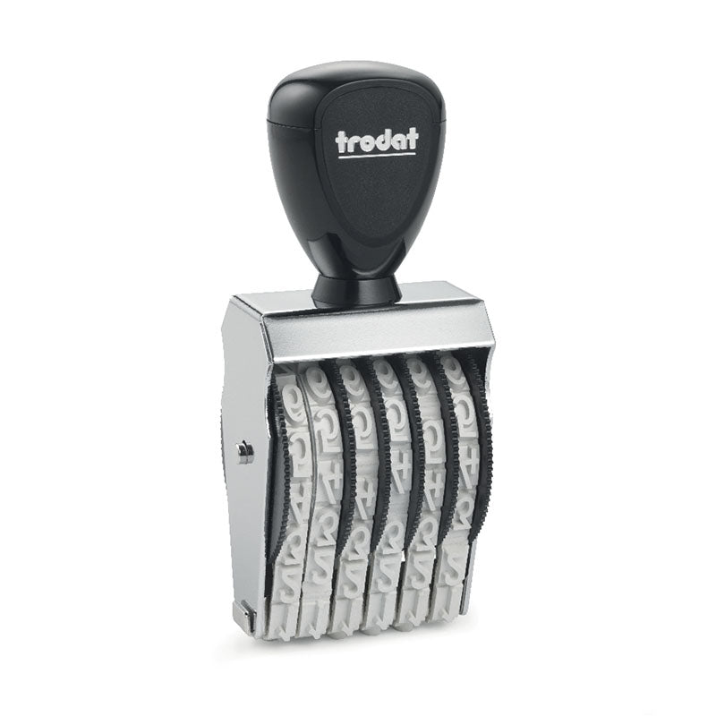 Trodat TR-1596 number stamp with a durable black handle and a polished metallic structure, housing six bands for 9 mm characters suitable for various documentation needs.