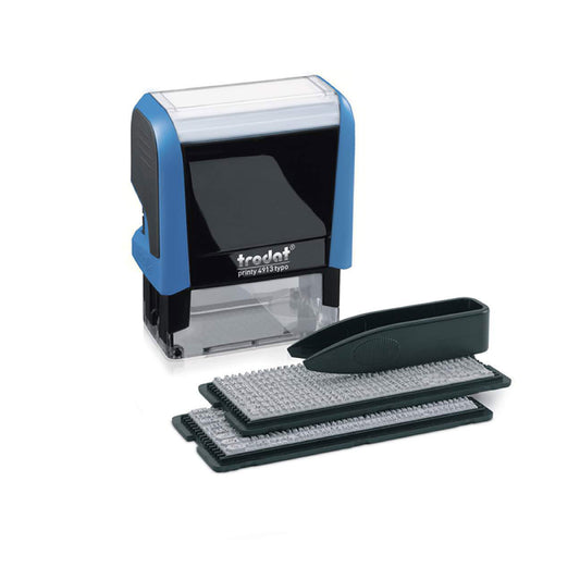 Trodat Printy TR-4913 TYPO DIY Stamp Set - A versatile do-it-yourself stamp set featuring the TR-4913 self-inking stamp with a rectangular 22 x 58 mm impression area. Create custom and professional impressions with this easy-to-use DIY stamp set.