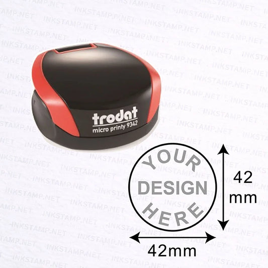 Trodat Pocket Stamp TR-9342, a portable self-inking stamp in black and red with a 42mm diameter for customizable and bold round impressions, perfect for dynamic office and personal use.