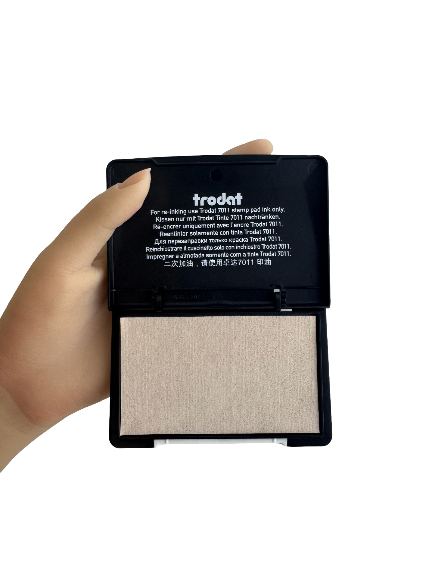 Trodat 9051 stamp ink pad size comparison with hand