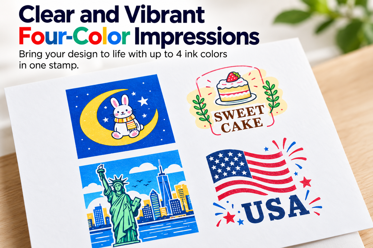 Custom multicolor stamp impressions featuring a bunny, bakery logo, Statue of Liberty, and American flag designs.