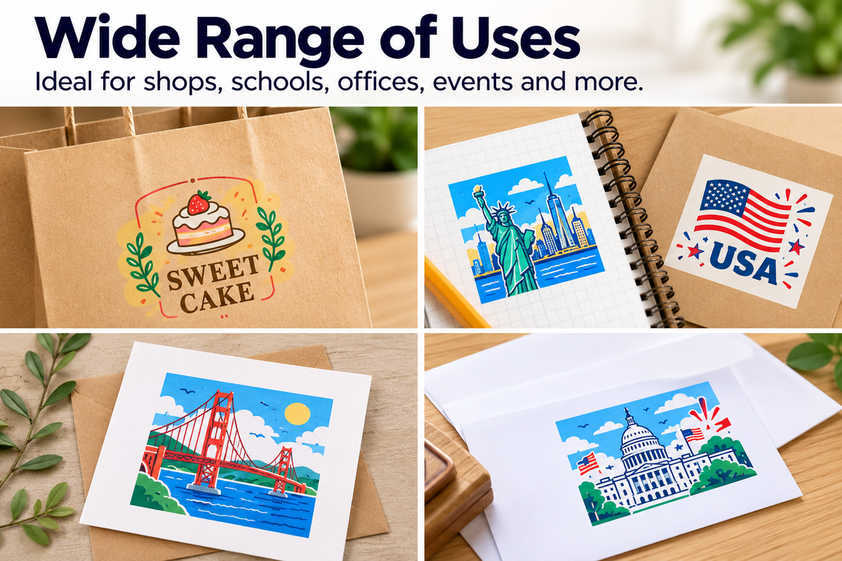 Personalized multicolor stamp designs on paper bags, notebooks, greeting cards, and envelopes for business branding and crafts.
