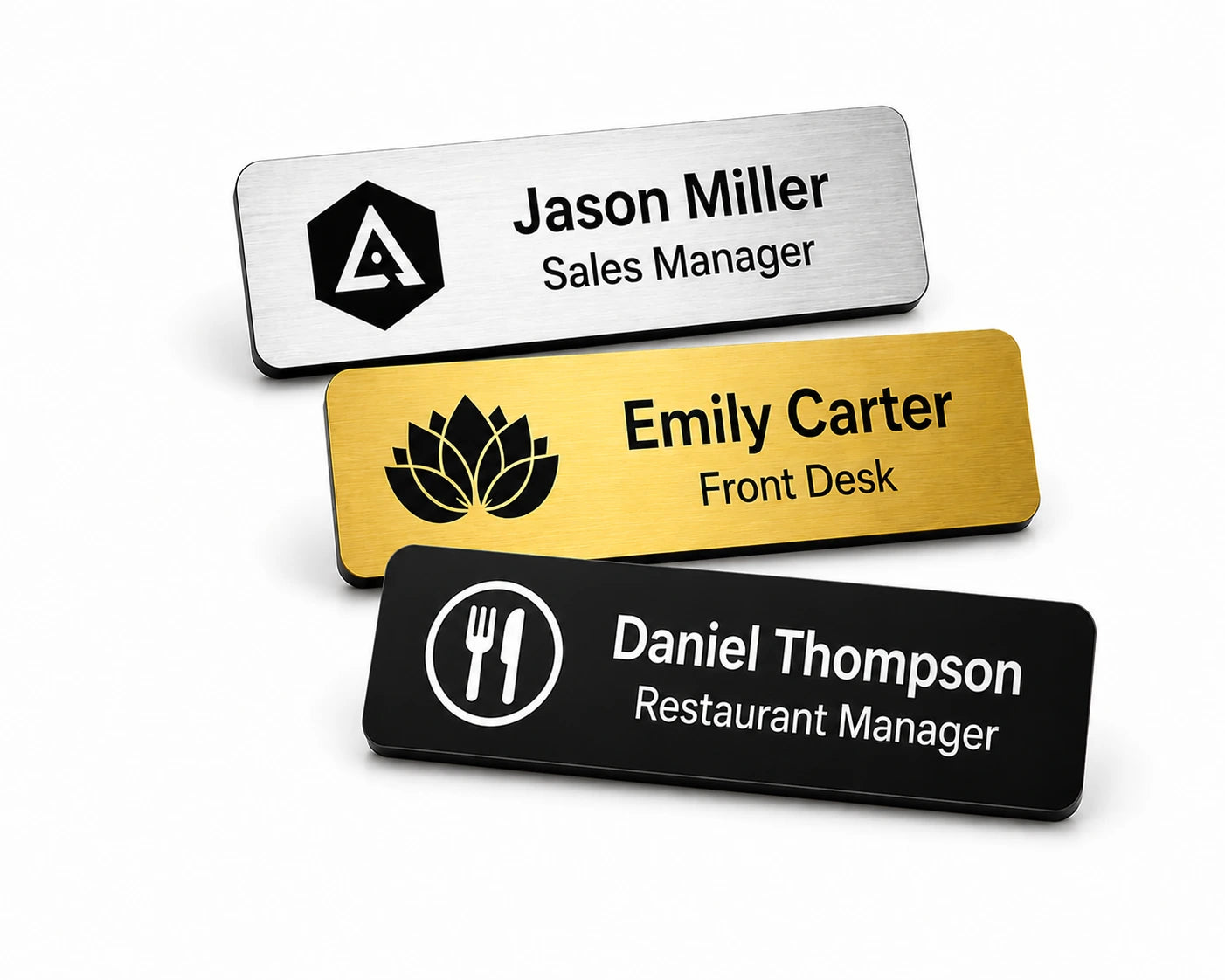 Custom engraved plastic name tags made from premium ABS engraving plastic with brushed silver, brushed gold and black color options