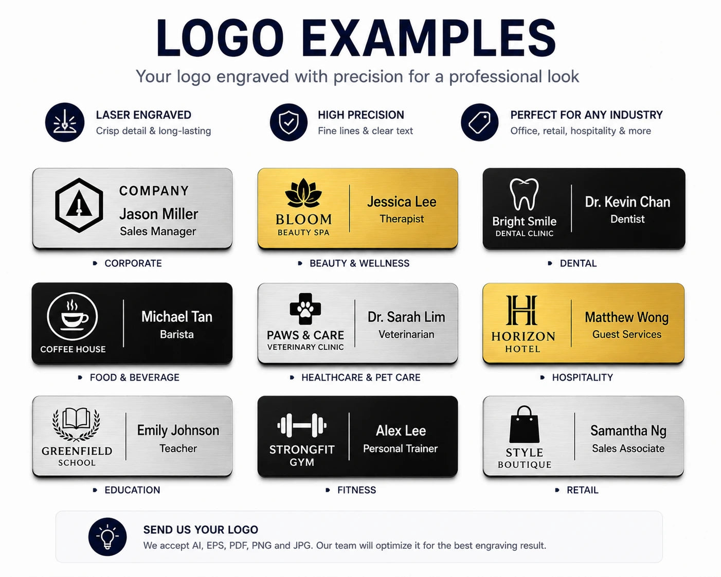Examples of custom engraved plastic name tags with company logos for offices, restaurants, hotels, clinics, schools, gyms and retail businesses