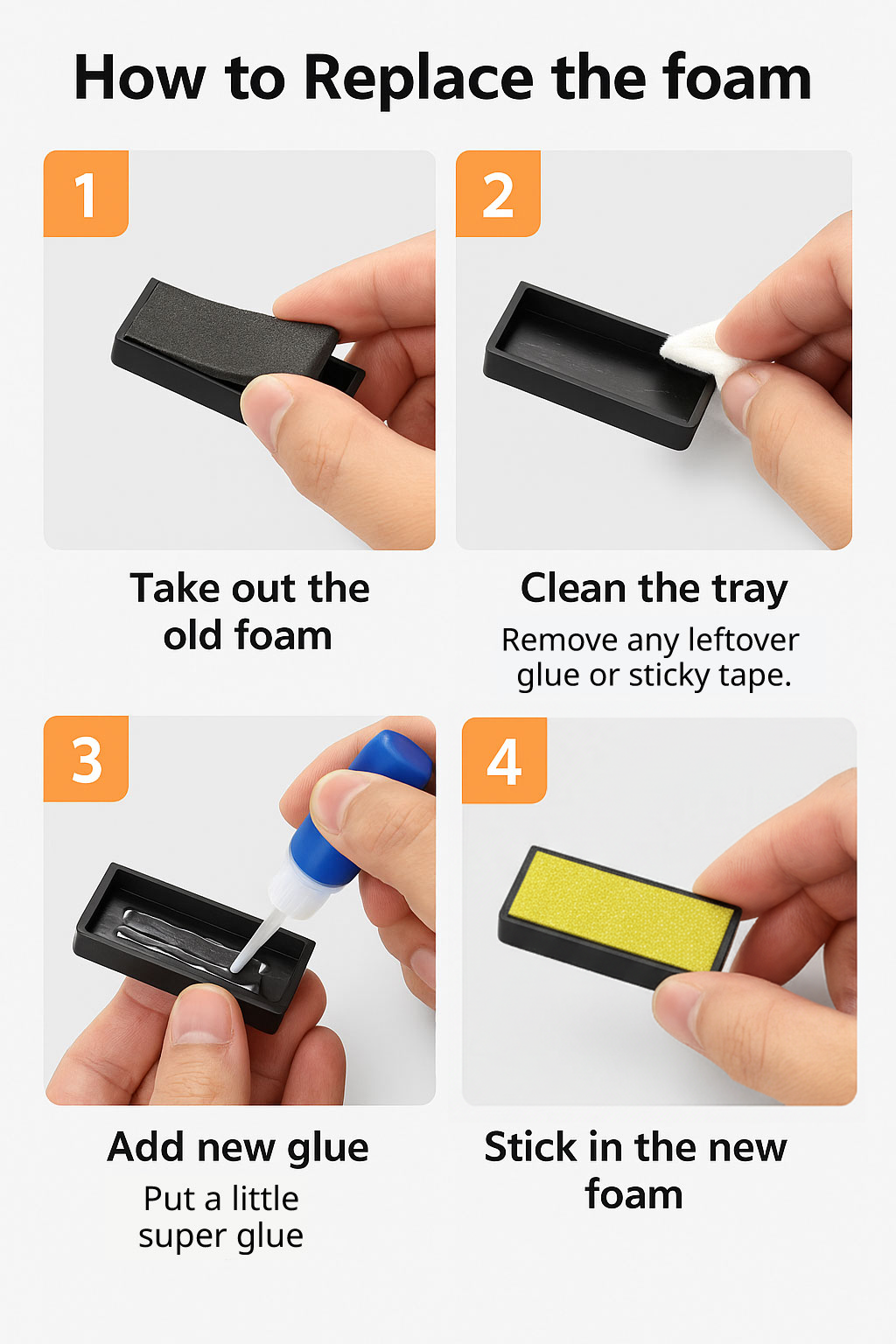 Step-by-step guide on how to replace stamp pad foam, with hands performing each action.