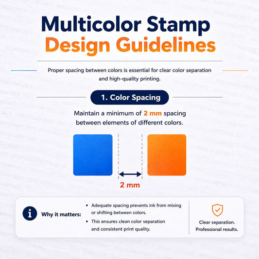Modern multicolor stamp design guideline infographic with soft pastel colors showing a minimum 2 mm spacing between different color elements for clean color separation and professional stamp printing results.
