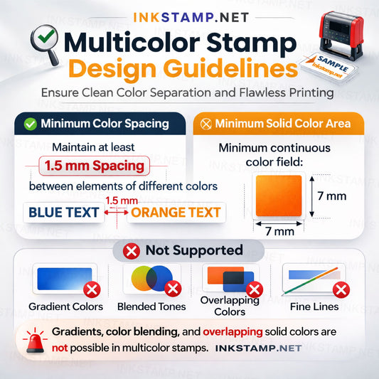 Multicolor stamp design guidelines from Inkstamp.net with text and color examples.