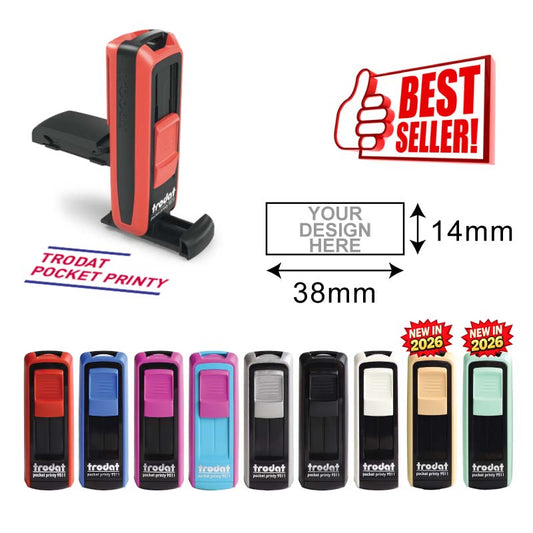 Trodat 9511 Pocket Stamp 14x38mm custom self-inking stamp with 9 body colors available, compact portable design
