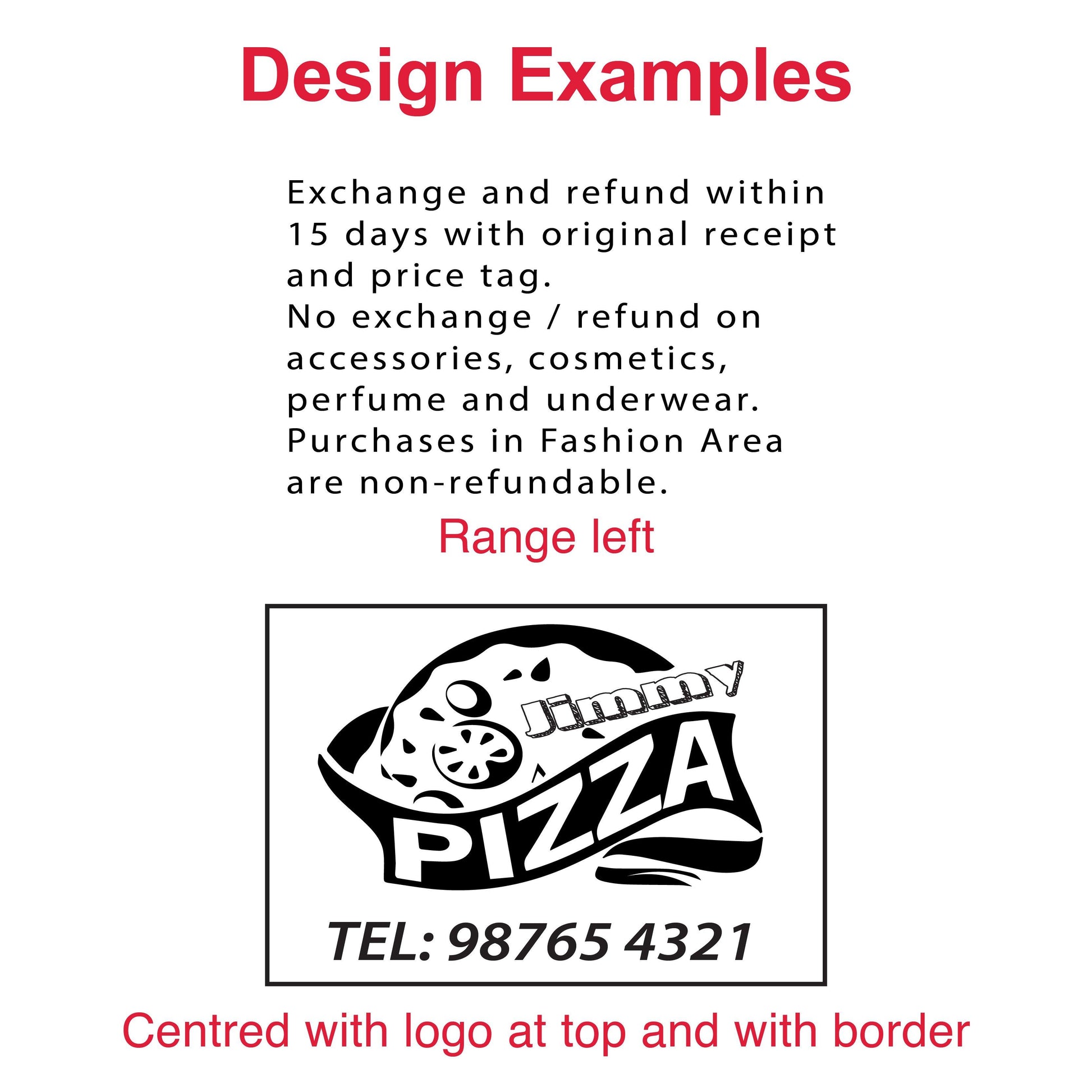 Examples of customizable impressions with the DF90130 Pre-Inked Stamp - address, logo, and personalized designs