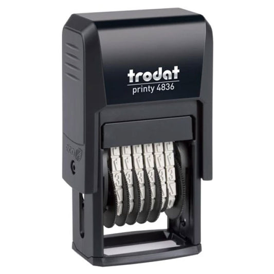 Trodat Printy 4836 black self-inking number stamp featuring 6 adjustable number bands, a compact and ergonomic design for ease of use.